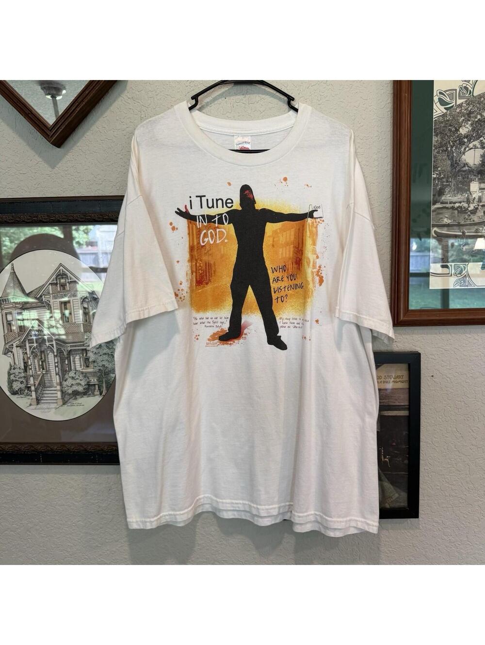 Vintage 00s RARE iTune in to God Apple Jesus Funny Parody Shirt Size Mens 2XL
